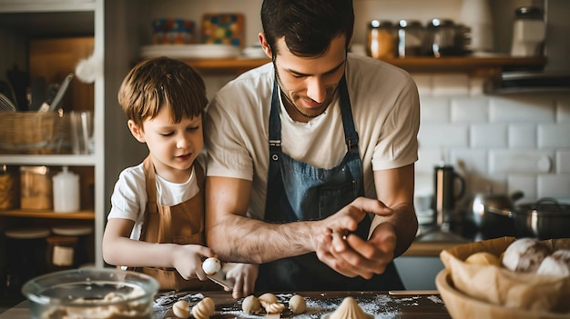 a father and son are making dough in the kitchen