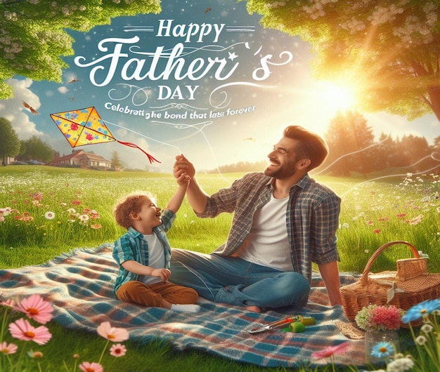 a father and son are sitting on a blanket in a park with a child and a kite in the background