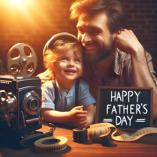 a father and son are sitting at a table with a sign that says happy fathers day