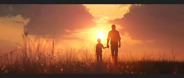 a father and son are standing in a field with the sun behind them