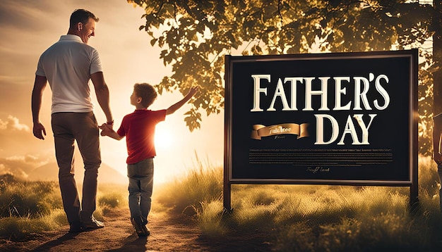 A father and son are standing in front of a sign that says fathers day