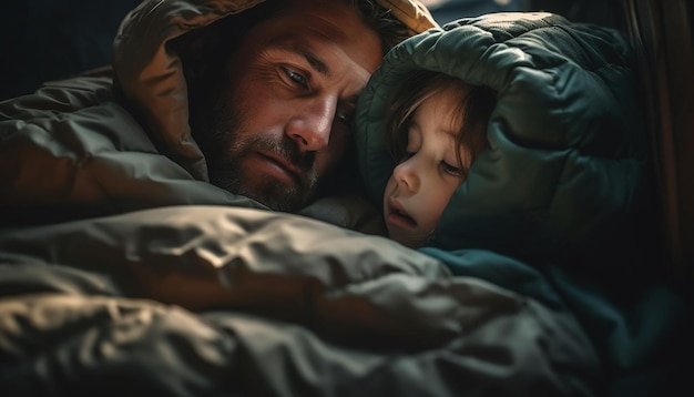 Father and son bond in cozy bed generated by AI