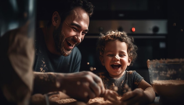 Father and son bonding in cheerful kitchen fun generated by AI