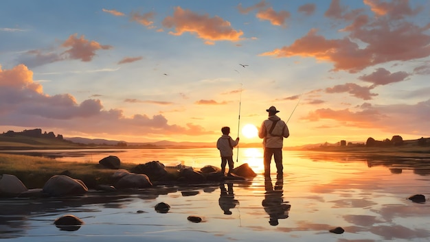 A father and son bonding moment fishing in a tranquil river as the sun sets in the background illu