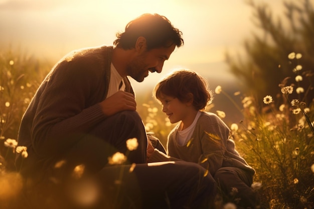 Father and son bonding in nature sunlight