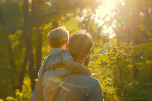 Father and son bonding in nature at sunset