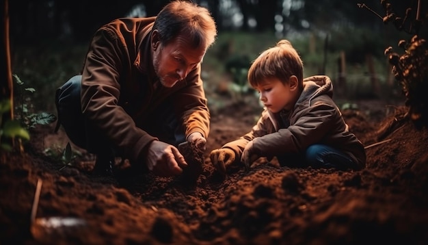 Father and son bonding planting love outdoors generated by AI