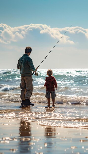 Father and Son Bonding While Fishing on a Sunny Beach with Waves in the Background