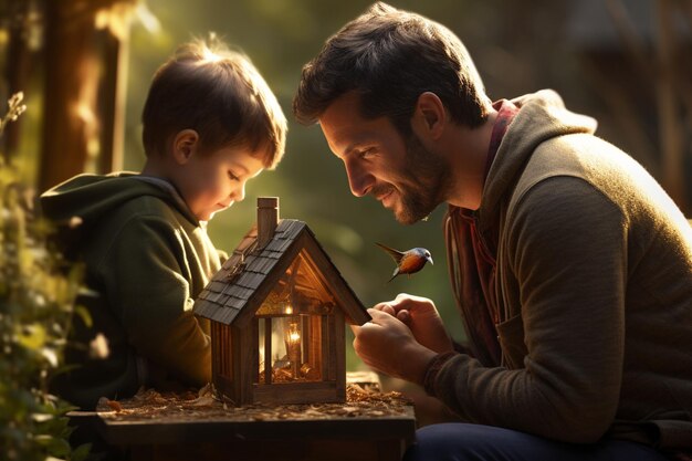 Father and son building a birdhouse fostering na Generative ai