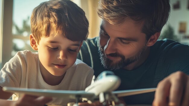 Photo father and son building a model airplane together