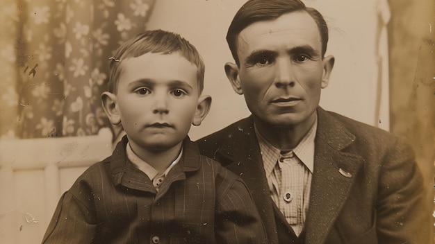 Father and son captured in a closeup vintage photograph