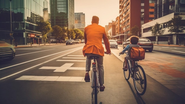 Father and son cycling in city