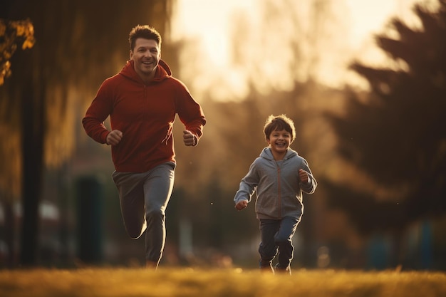 Father and son dressed in tracksuits running with morning light