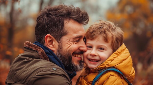 Photo a father and son embrace in the fall