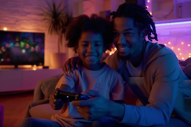 Father and Son Enjoying a Gaming Night