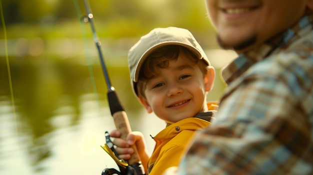 A father and son enjoying a peaceful moment while fishing together by a lake