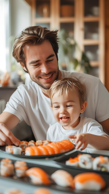 Father and Son Enjoying Sushi Together on Fathers Day