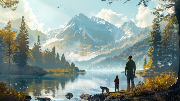 Father and son fishing in idyllic mountain lake setting