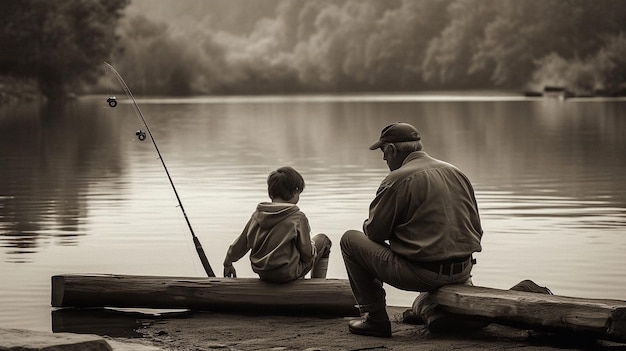 Father and son fishing on a lake grandpa grandfather mountain fish river bonding Generative AI