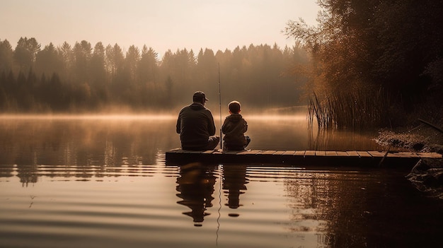 Father and son fishing on a lake grandpa grandfather mountain fish river bonding Generative AI