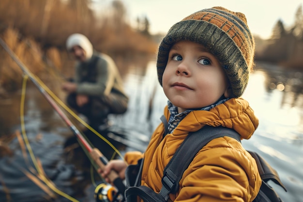 father and son fishing on a lake or river