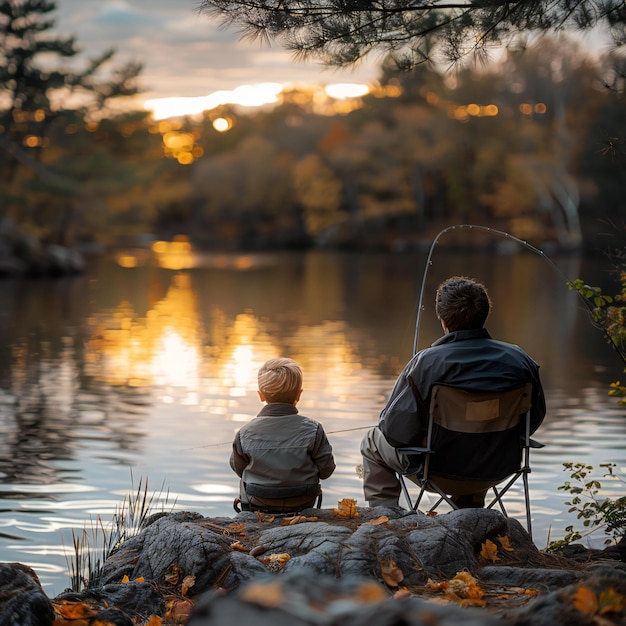 Father and son fishing on lake at sunset concept of family time together