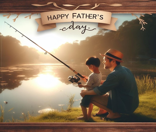 a father and son fishing in a lake with a banner that says happy fathers day