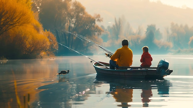 a father and son fishing on a lake with a duck in the water