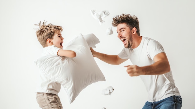 Photo a father and son have a playful pillow fight