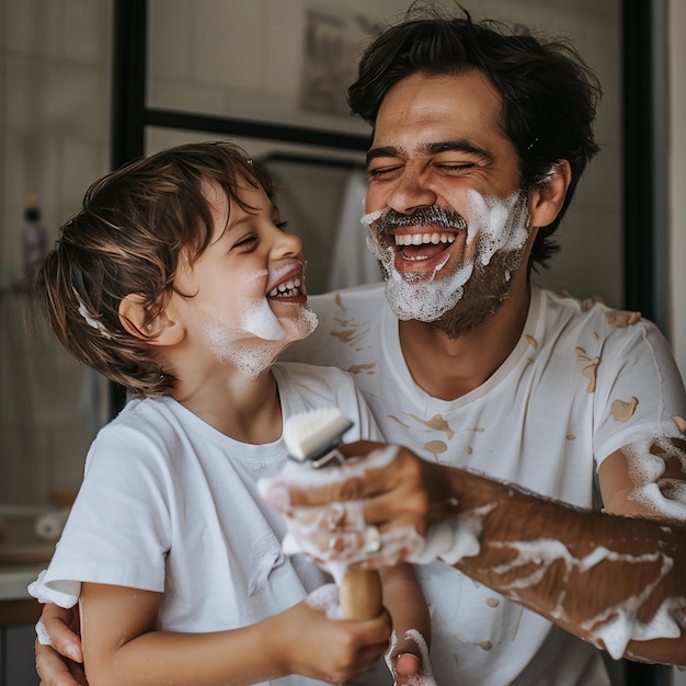 Father and son having fun while shaving in bathroom