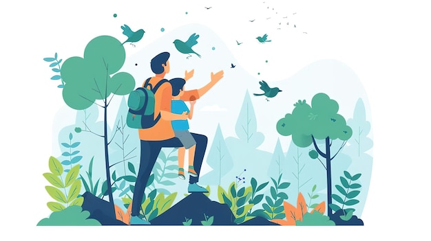 Photo father and son hiking in nature surrounded by trees and birds happy father39s day celebration concept