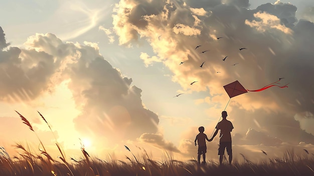 a father and son hold hands and hold a flag in a field with the sun behind them