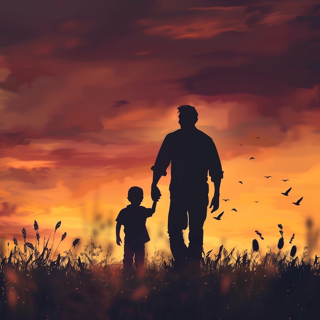 a father and son holding hands in a field at sunset fathers day