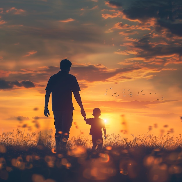 a father and son holding hands in a field at sunset fathers day