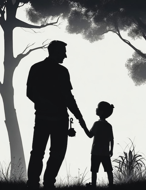 a father and son holding hands in front of a tree