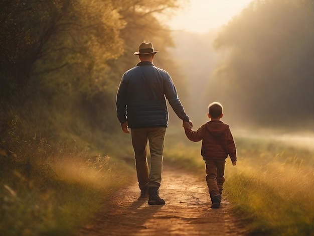 a father and son holding hands walking down a path in the woods