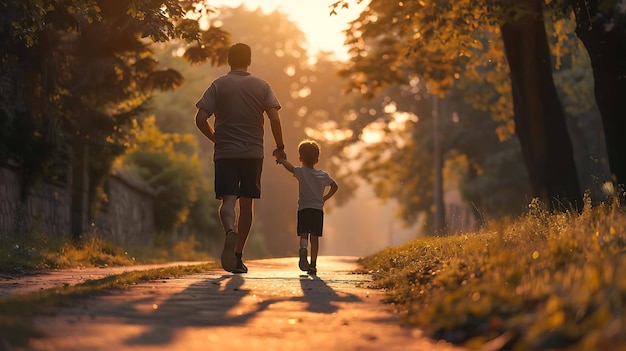 a father and son holding hands and walking down a path in the woods