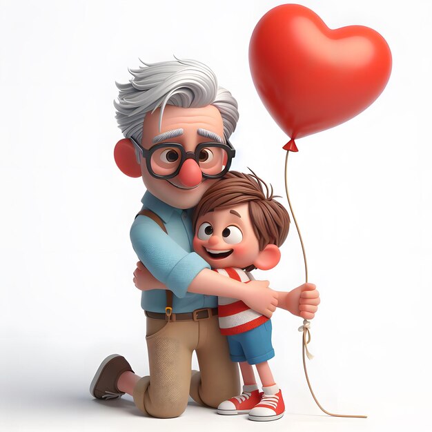 a father and son holding a heart shaped balloon