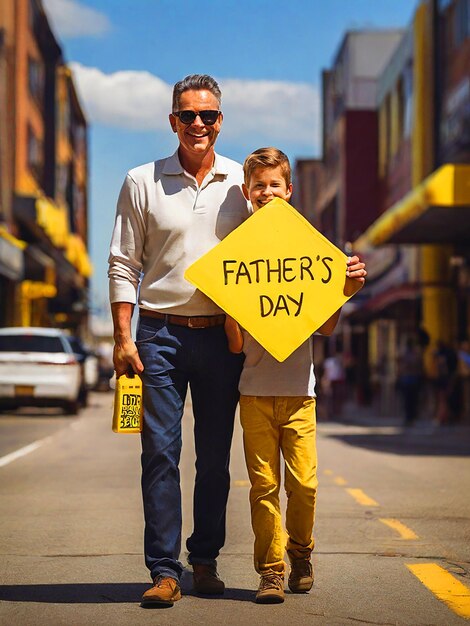 Photo father and son holding a yellow sign that saysfatheron it fathers day