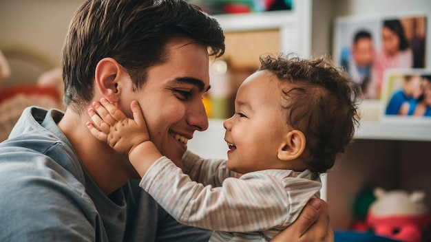 a father and son hug each other in a photo booth