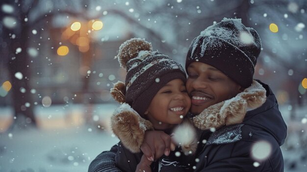 a father and son hug in the snow