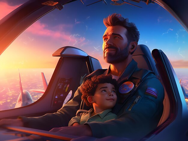 Father and son in jet plane generative ai