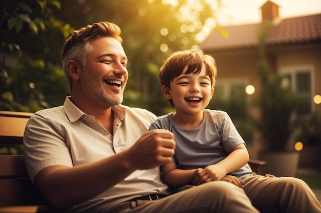 father and son laughing in the garden