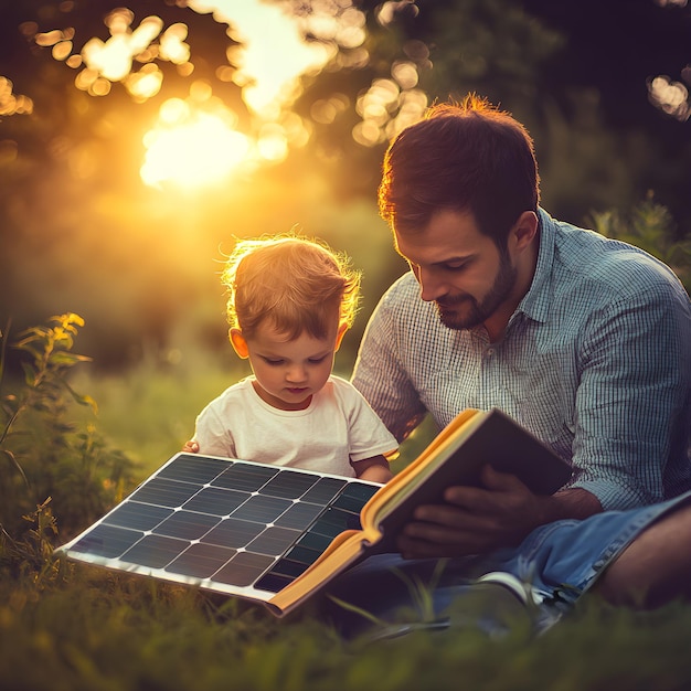 Father and son looking at photovoltaic solar panel in nature