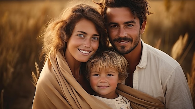 Father and son mother happy family playing and taking pictures together in nature