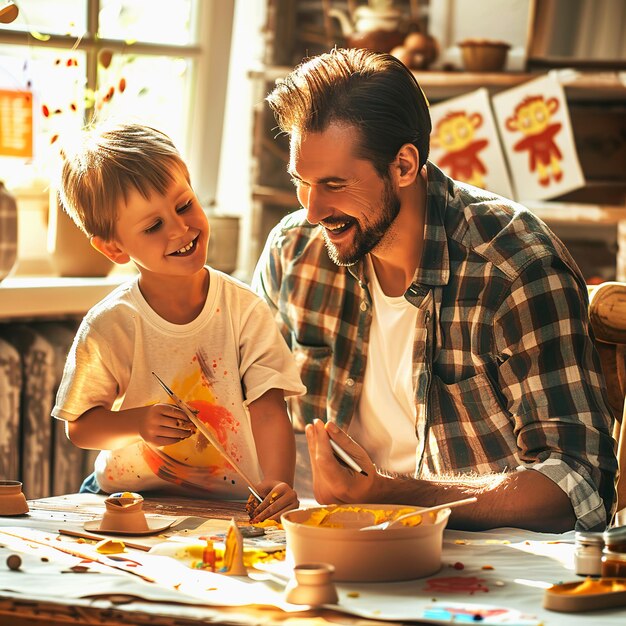 Father and Son Painting Pottery Together in a Workshop