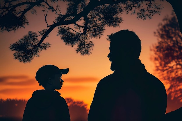 Father and son in the park at sunset against the background of a tree Generative AI