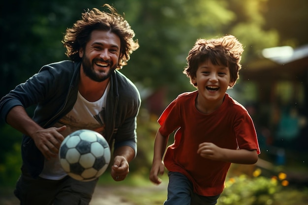 Father and Son Playing Football with a Ball