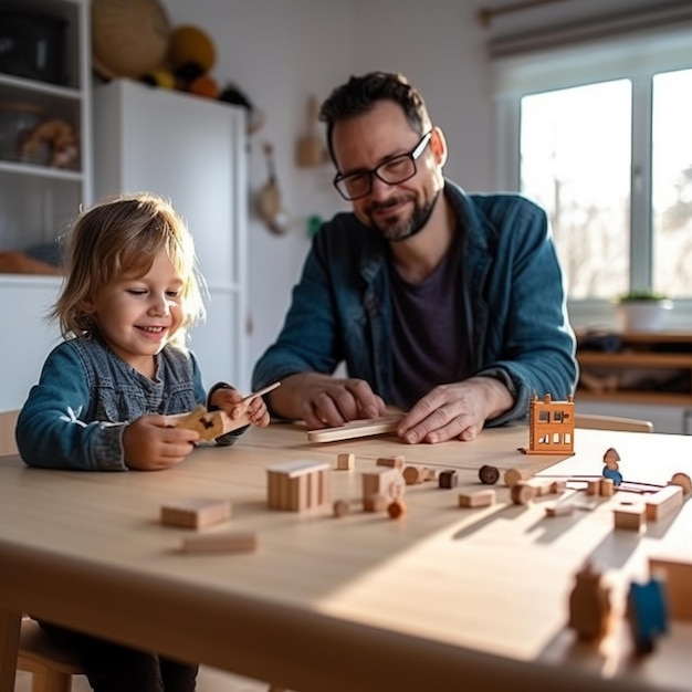 a father and son playing a game of wooden blocks