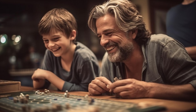 Father and son playing games smiling happily generated by AI